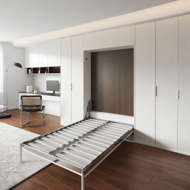 Llyod Single Vertical Wall Bed with Desk - White - 7 - Modern minimalist bedroom, sleek storage unit, floating shelf