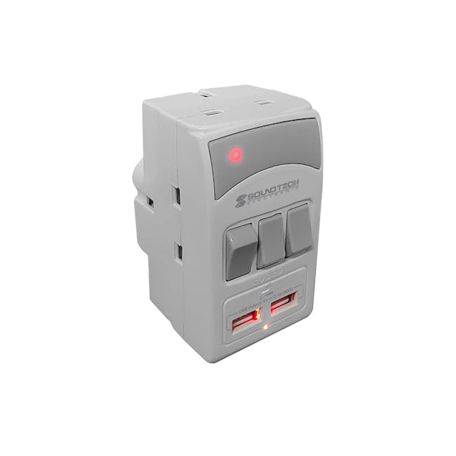 SOUNDTEOH 3 Outlets Adaptor with Smart 2.1A USB & Switch PP-28U - 0