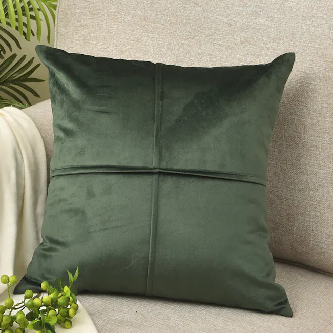 Ava Cushion Cover - Green - 2 - Green velvet pillow, textured fabric, elegant design, cozy setting, soft cushions, natural