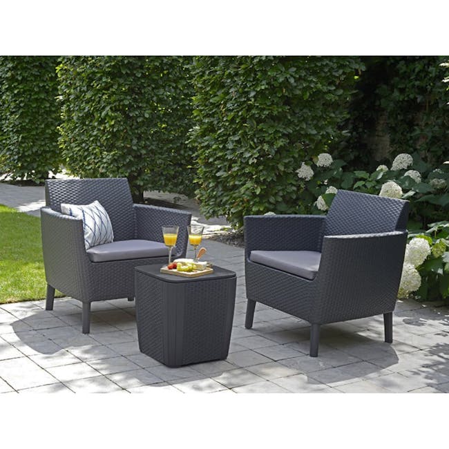 Salemo Balcony Sofa Set - Graphite - 2 - Woven outdoor patio furniture, dark gray wicker chairs and tables, lush green