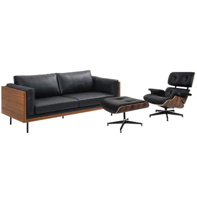 Bentley 3 Seater Sofa in Jet Black (Faux Leather) with Abner Lounge Chair with Ottoman in Black - Image 1