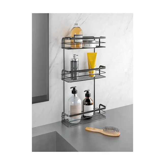 Metaltex Origin 3 Tier Rectangle Shelf - Black - 2 - Bathroom shelf, toiletries, organized storage, black metal rack, marble