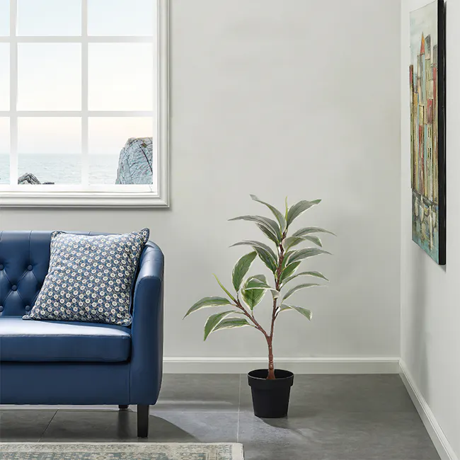 Potted Faux Rubber Fig Plant 70 cm - 3 - Blue tufted sofa, coastal view, large window, indoor plant, modern decor, abstract