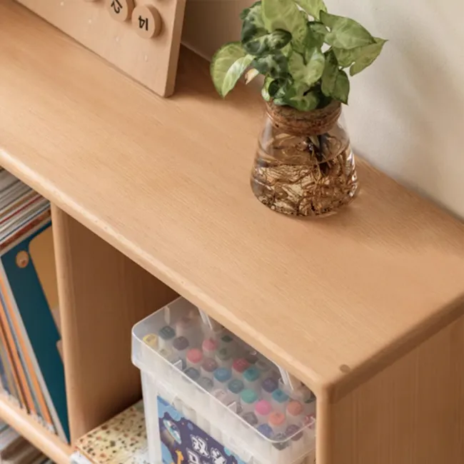 Howy 3 Tier Wooden Kids Open Bookshelf - 4 - vibrant plant in glass vase, wooden shelf, natural light, indoor plant