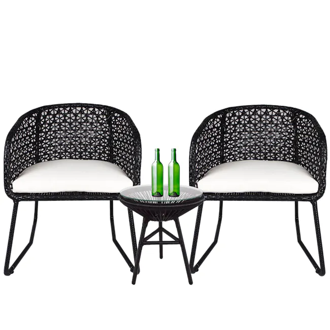 Horizon Patio Set - Cream Cushion - 1 - Woven outdoor furniture, black and white design, rattan chairs, green glass bottles