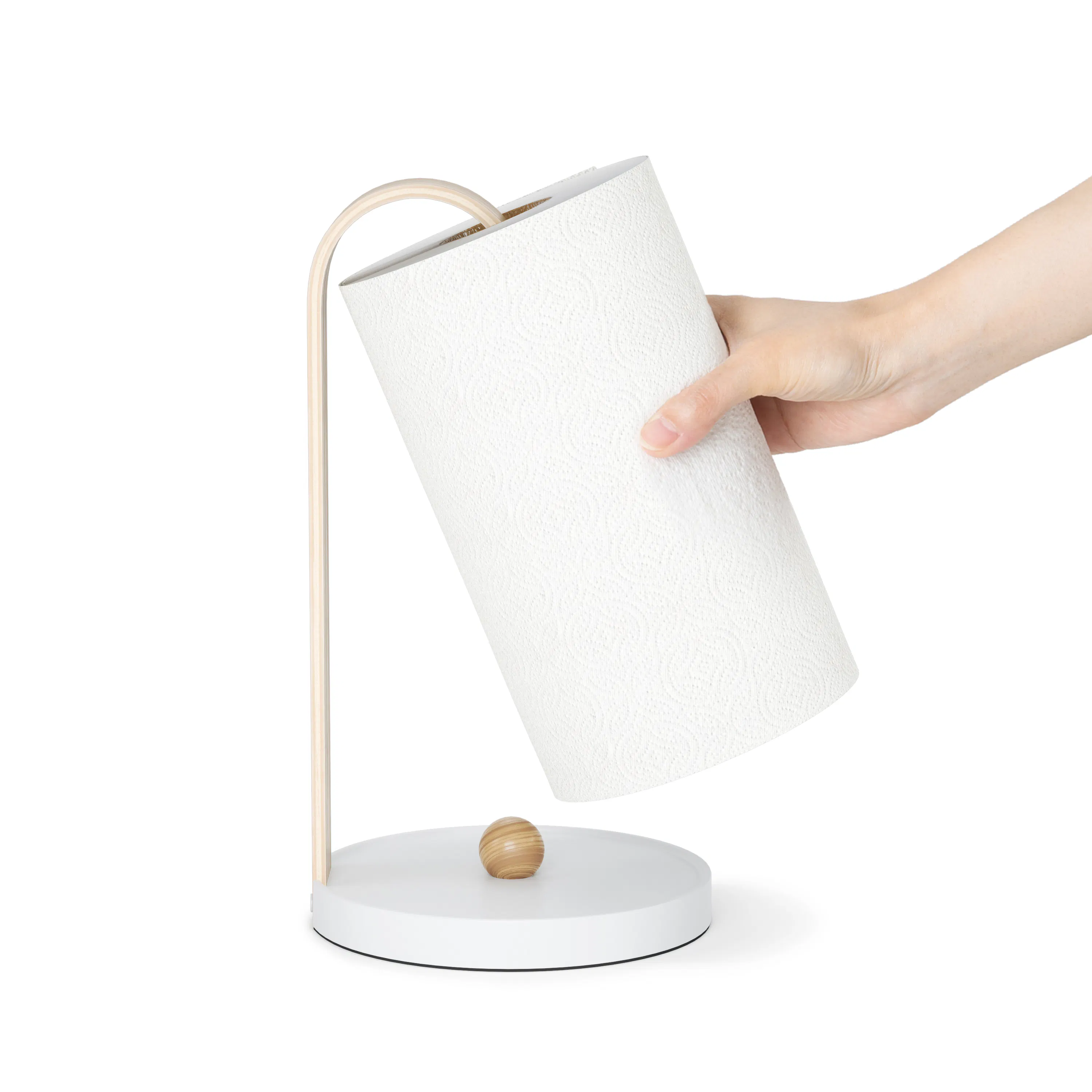 Bellwood Paper Towel Holder - White, Natural - 9 - White paper towel roll, hand holding roll, paper towel stand, wooden