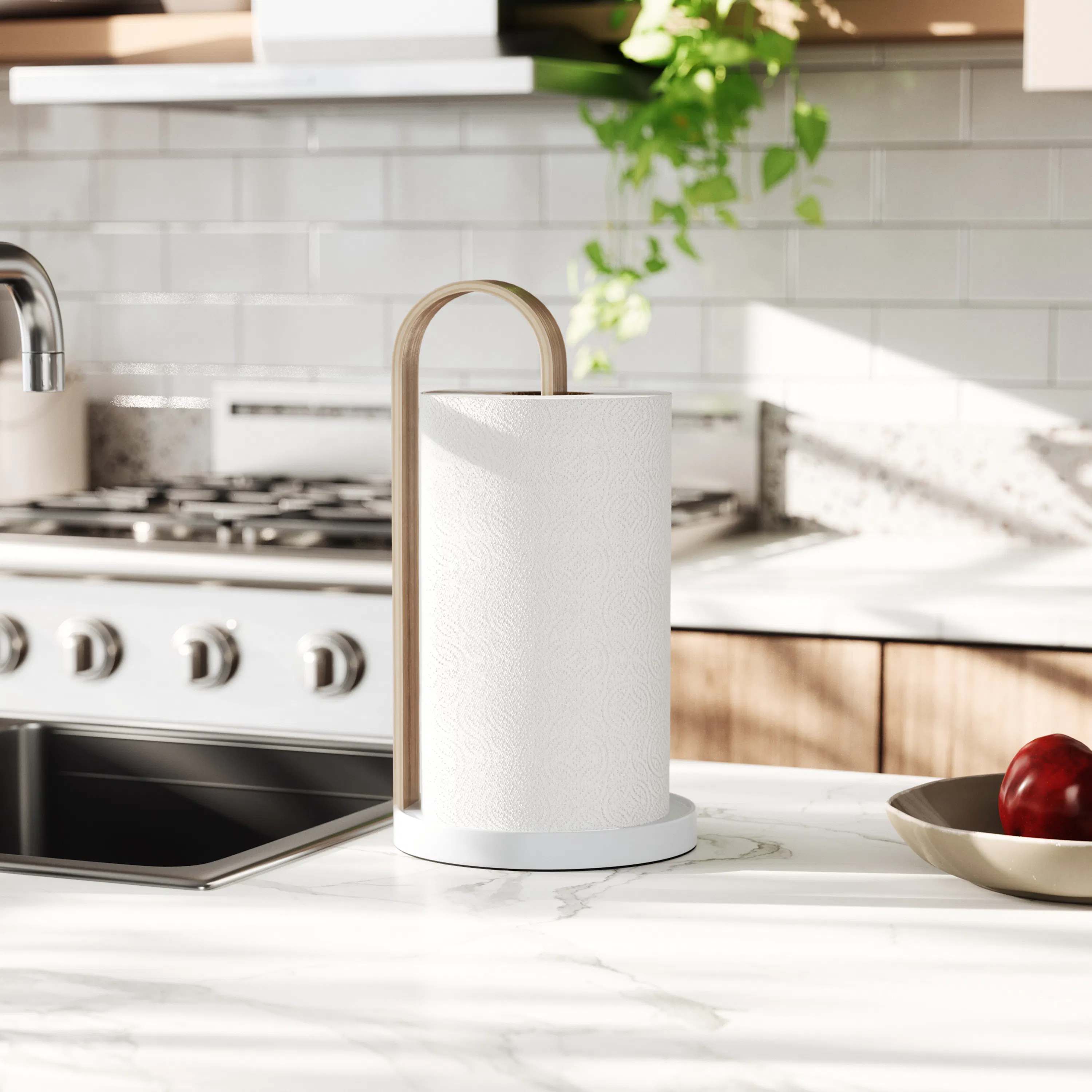 Bellwood Paper Towel Holder - White, Natural - 10 - modern kitchen, stainless steel sink, white tiled backsplash, wooden
