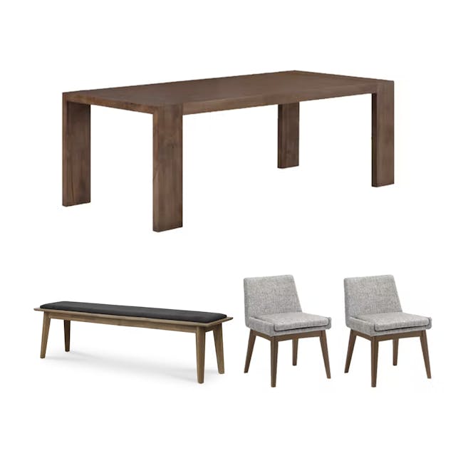 Clarkson Dining Table 2.2m with Tilda Cushioned Bench 1.7m and 2 Fabian Dining Chairs in Cocoa, Dolphin Grey - 0