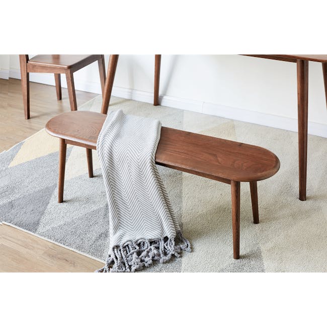 Felda Bench 1m - Walnut - 4 - Wooden bench, beige carpet, gray and white chevron blanket, wooden legs, light wooden floor