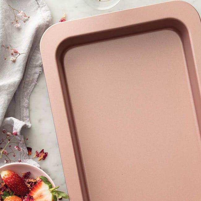 Wiltshire Rose Gold Slice Pan - 3 - Minty pink rectangular baking tray, rustic woven cloth, fresh strawberries, autumn
