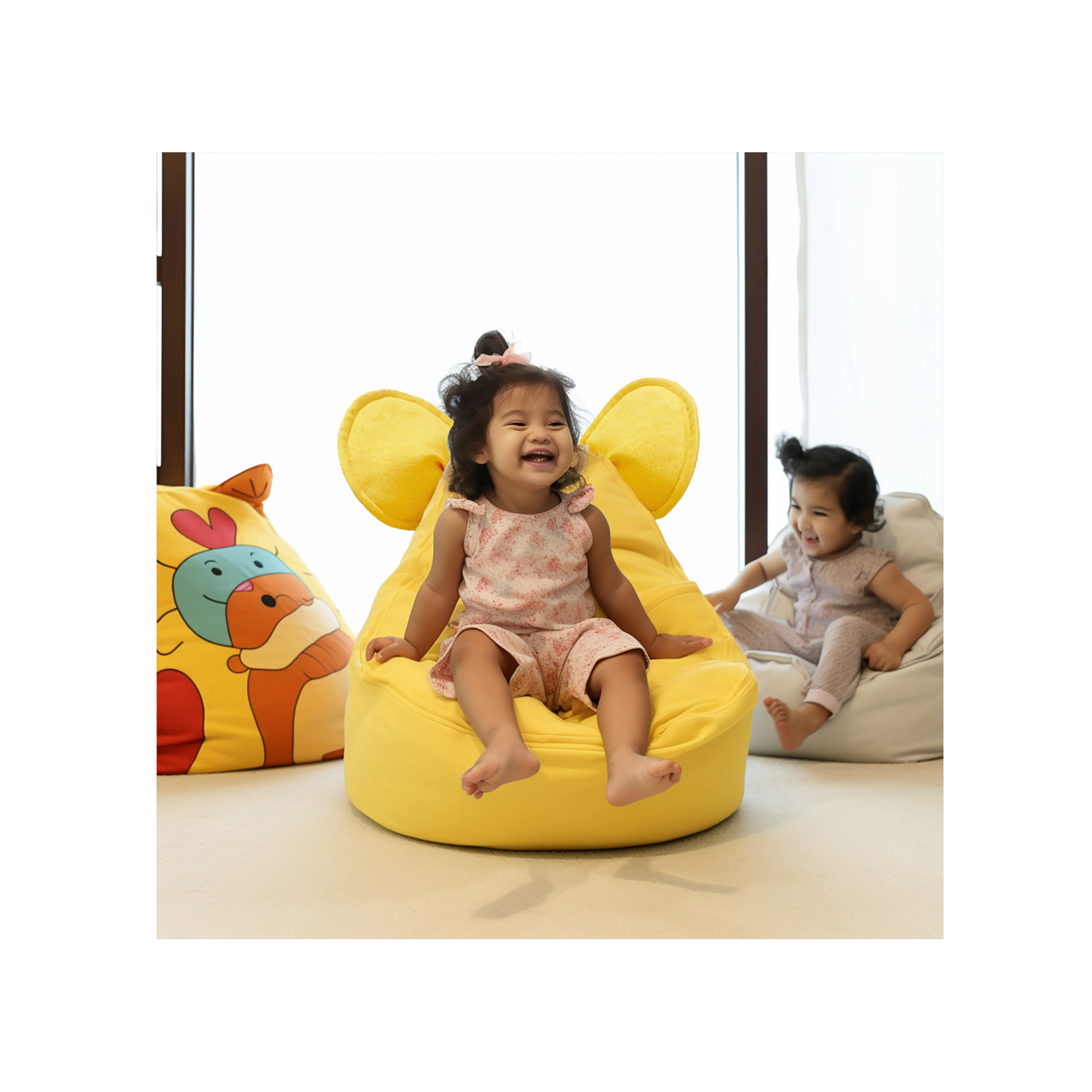 Eddy Bean Bag - Yellow - 9 - Yellow bean bag chair, child sitting, colorful pillow, cartoon animal print, playful