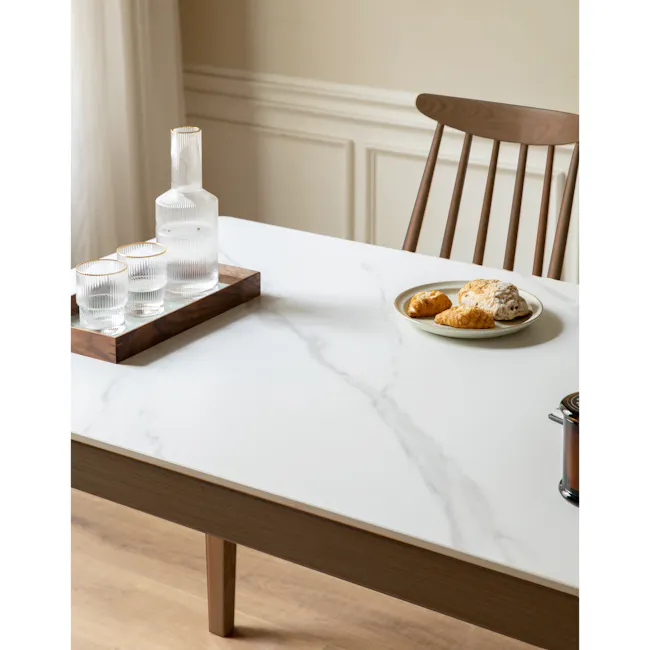 Adelyn Dining Table 1.2m (Sintered Stone) with 4 Solis Chairs in Walnut - 10 - Clear glass, wooden tray, elegant table