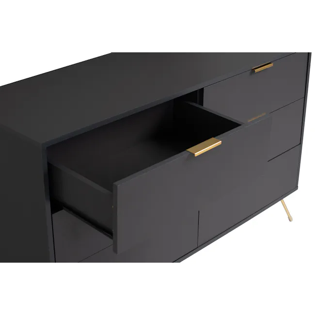 Volos Sideboard 1.2m - 9 - Modern minimalist cabinet, sleek black design, open drawer, gold handles, open shelving