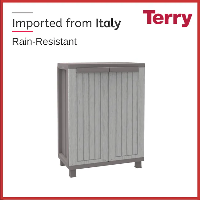Terry Jwood68 Outdoor Cabinet - 4 - Italian, imported, rain-resistant, wooden cabinet, vertical slats, gray color, modern