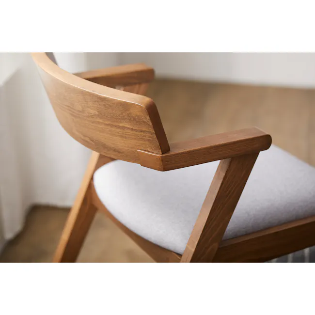 Imogen Dining Chair - Cocoa, Dolphin Grey (Fabric) - 8 - Wooden chair with curved backrest and armrests, light gray cushion