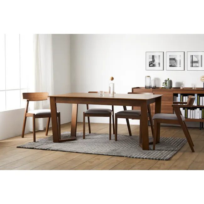 Imogen Dining Chair - Cocoa, Dolphin Grey (Fabric) - 2 - Modern minimalist dining room, wooden dining table, light gray rug