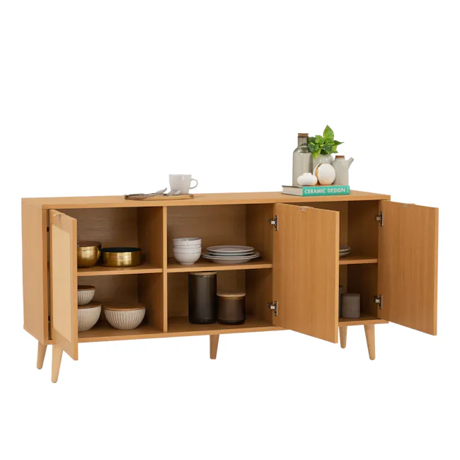 Dayne Rattan Sideboard 1.5m - 5 - Wooden kitchen cabinet, open shelves, decorative items, ceramic design, minimalist decor