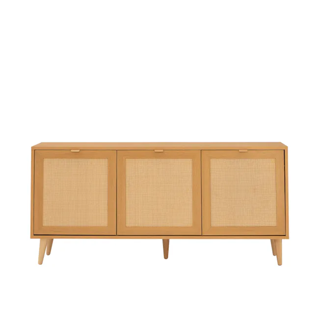 Dayne Rattan Sideboard 1.5m - 1 - Wooden cabinet with woven front panels, three doors, light wood finish, minimalist design