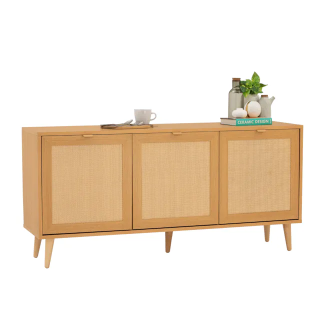 Dayne Rattan Sideboard 1.5m - 3 - Wooden cabinet with woven design, light brown finish, three doors, rectangular shape
