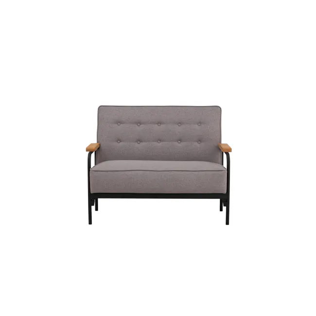 Daryl 2 Seater Sofa - Grey - 1 - Modern upholstered gray sofa with tufted design, wooden armrests, black metal frame