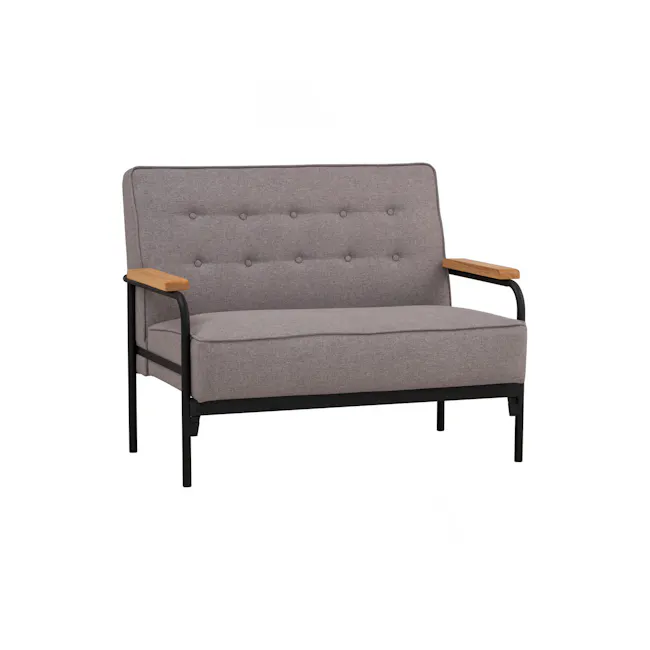 Daryl 2 Seater Sofa - Grey - 2 - Grey upholstered sofa with wooden armrests and black metal frame, modern and stylish