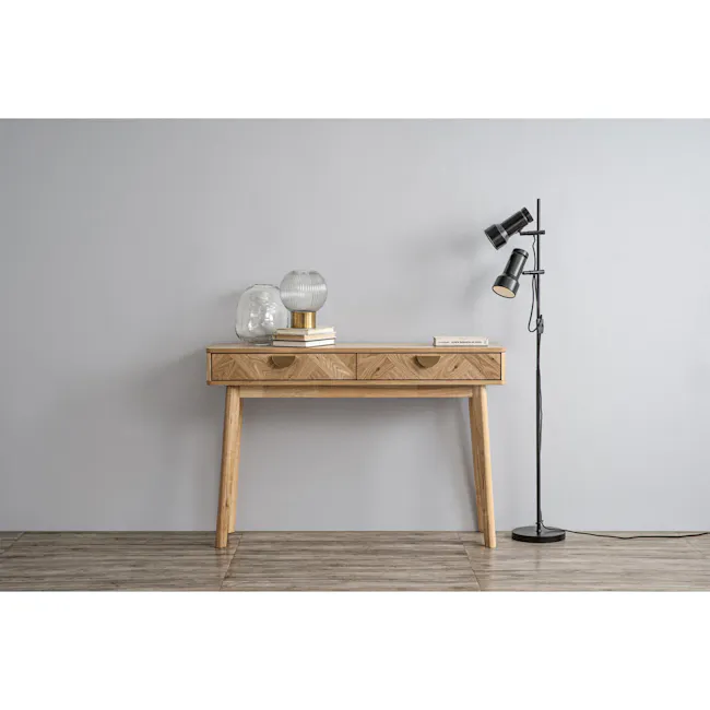 Lowell Console Table 1.2m - 3 - Wooden desk, minimalist design, light gray wall, wooden legs, wooden floor, modern decor