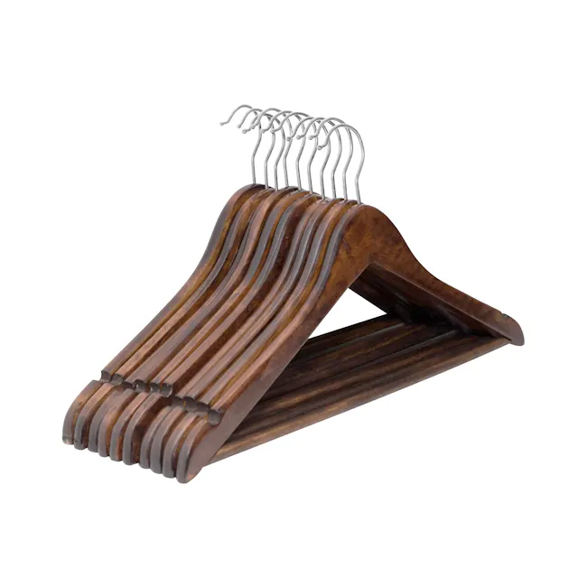 Wooden Hangers (Set of 10) - Walnut - 1 - Wooden hanger with curved handles, elegant design, polished finish, metal hook