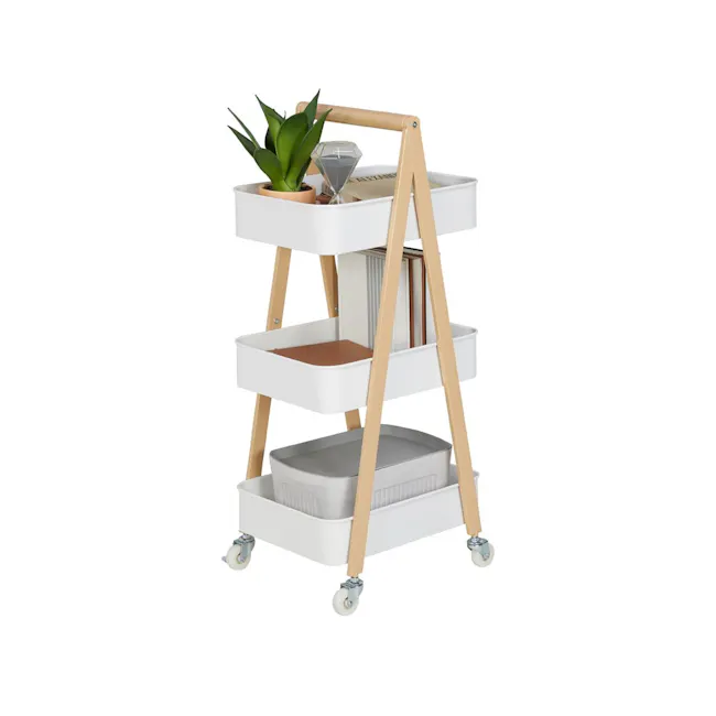 Luca 3-Tier Trolley - 2 - White multi-tiered storage cart, wooden frame, adjustable stand, three-compartment design, rolling