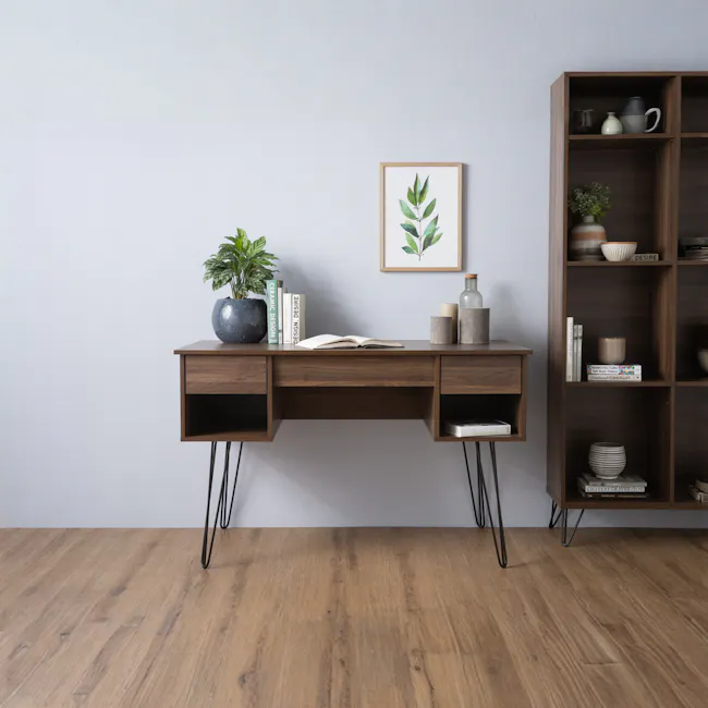 Sandra Study Table 1.2m - Walnut - 2 - modern desk, minimalist design, wooden furniture, open book, potted plant, bookshelf