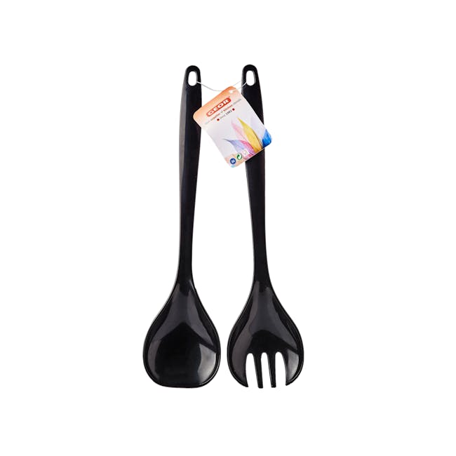 Geor Plastic Salad Fork And Spoon - Black (Set of 2) - 1