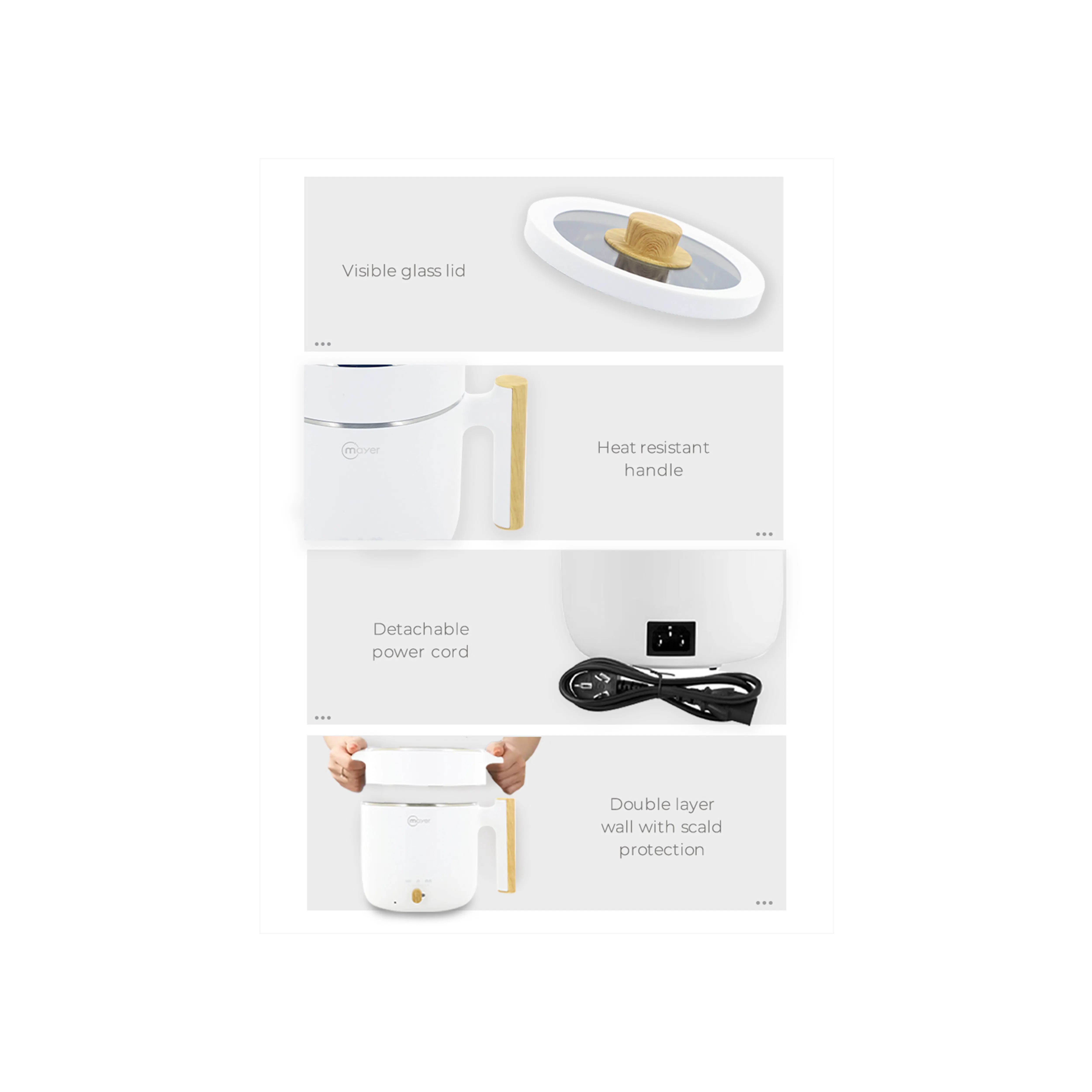 Mayer 2L Electric Cooker - 9 - Visible glass lid, Heat resistant handle, Detachable power cord, Double layer wall with scald