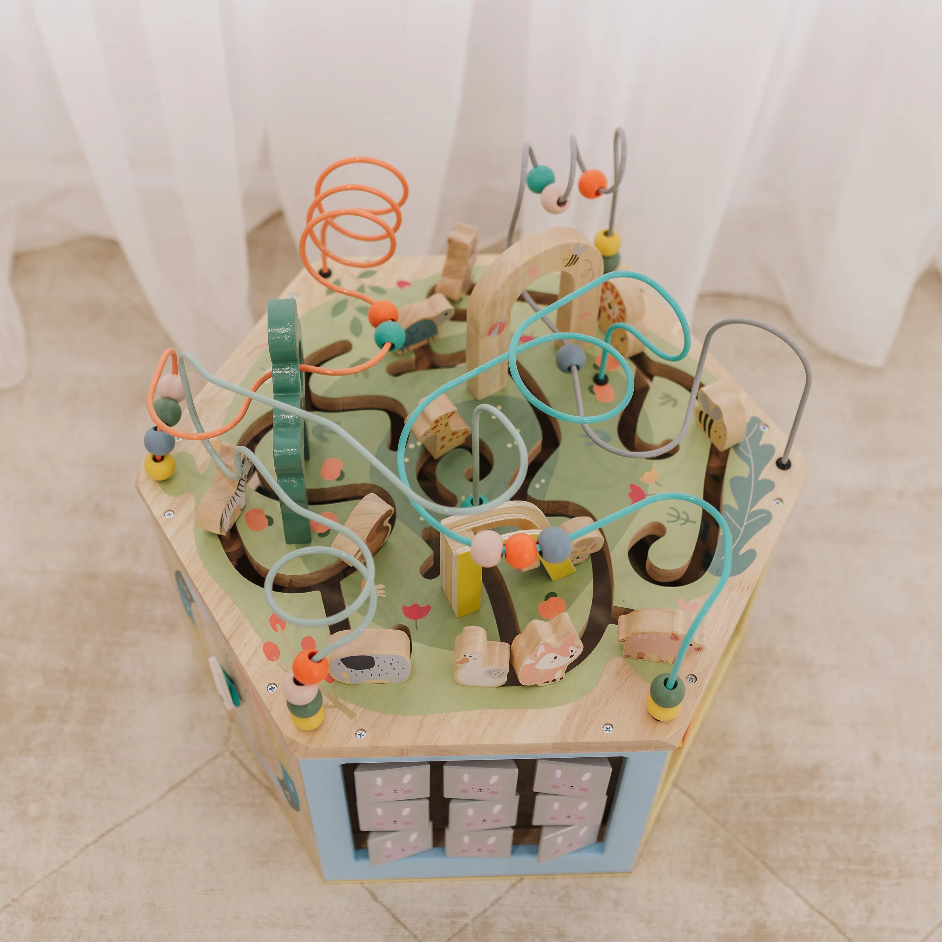 Bubble 7-in-1 Hexagon Wooden Activity Centre - 9 - Children's play area with colorful wooden toys, featuring spiral climbing
