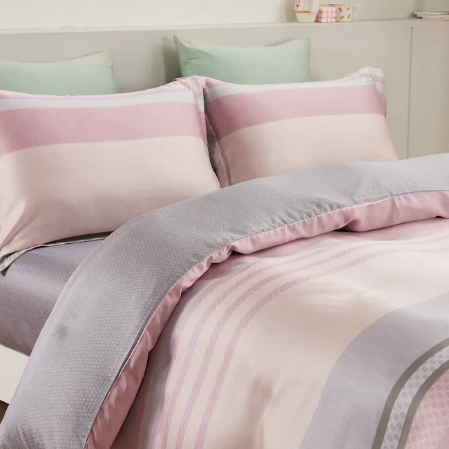 Beverly Tencel Bedding Set (2 Sizes) - 2 - Soft pastel bedding, light pink and beige striped pillows, textured fabric