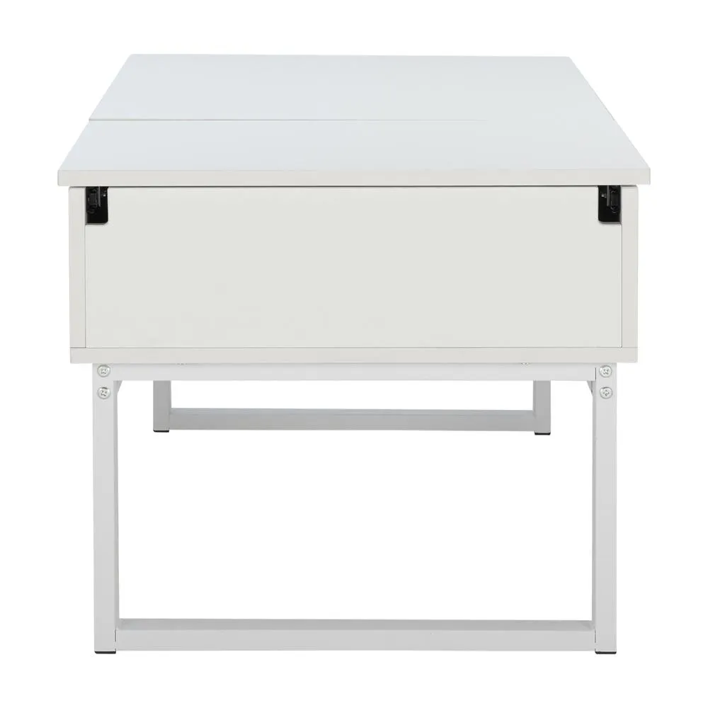 (As-is) Tahli Storage Coffee Table - White - 11 - White desk with black handles, minimalist design, sleek lines, modern