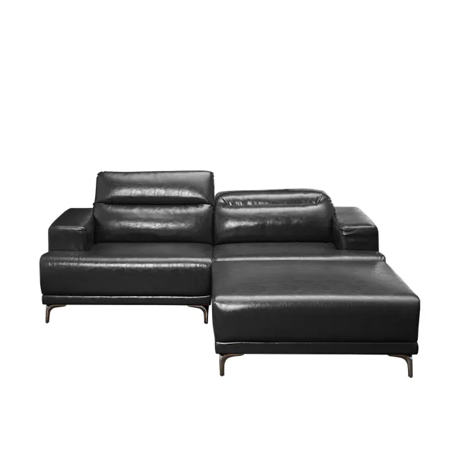 Lorney 3 Seater Sofa with Adjustable Headrest and Ottoman - Black (Faux Leather)