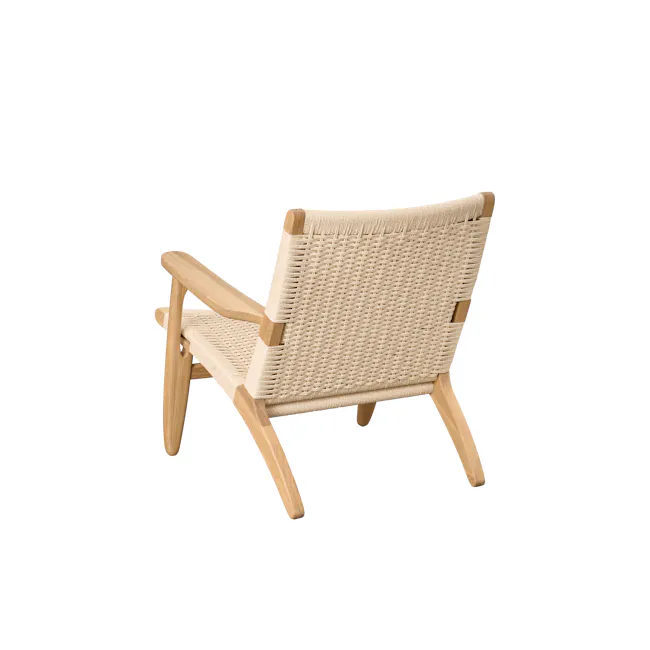 Gretta Rattan Lounge Chair - Natural - 6 - Wicker chair with wooden frame, light beige fabric, natural wood legs, minimalist