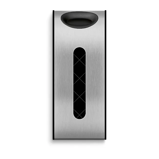 simplehuman Wall Mount Grocery Bag Dispenser - 4 - Silver metallic rectangular object, black handle, minimalist design