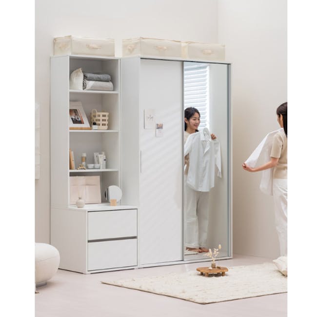 Daphne Dressing Table 0.6m - 4 - White wardrobe with mirrored sliding door, minimalist interior design, woman holding white