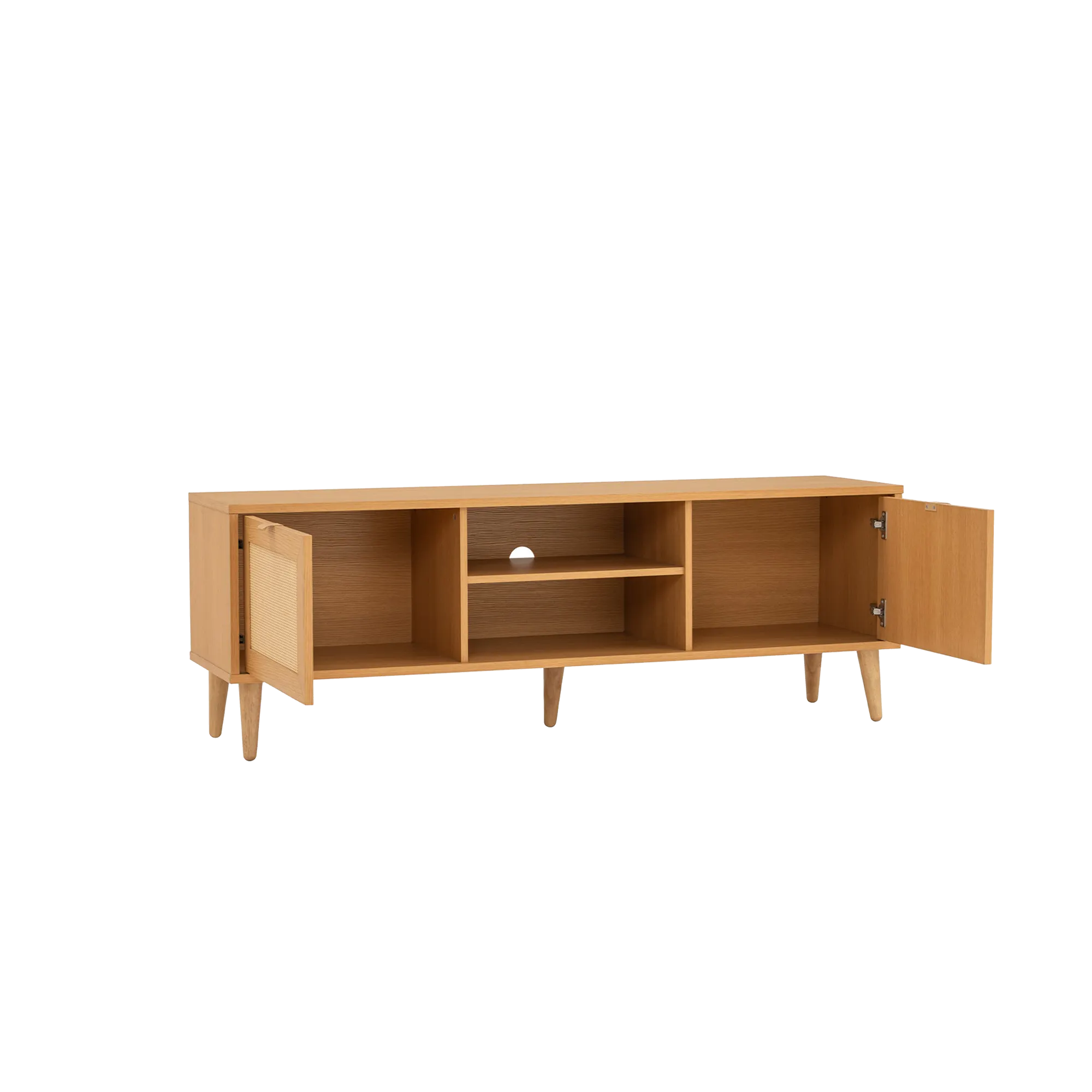 Dayne Rattan TV Console 1.5m - 11 - Wooden TV stand with open doors, minimalist design, open shelving, light wood finish