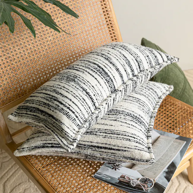 Nella Textured Linear Lumbar Cushion Cover - Mono - 3 - Patterned pillows, woven chair, striped design, cozy setting