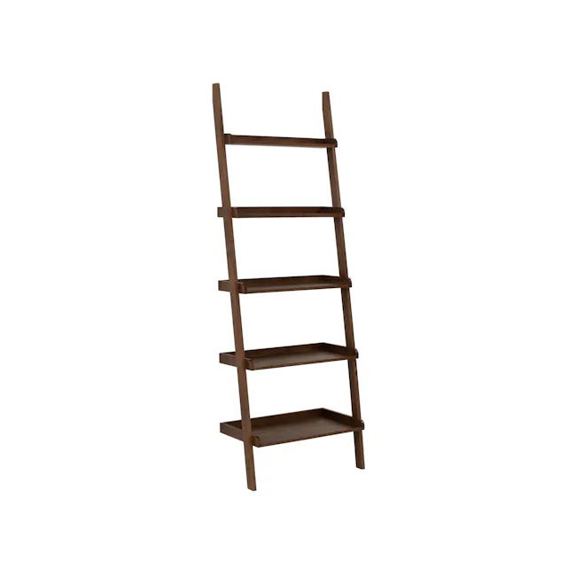 Mileen Leaning Shelf - Walnut - 1 - Wooden ladder with multiple shelves, minimalist design, sturdy construction, natural
