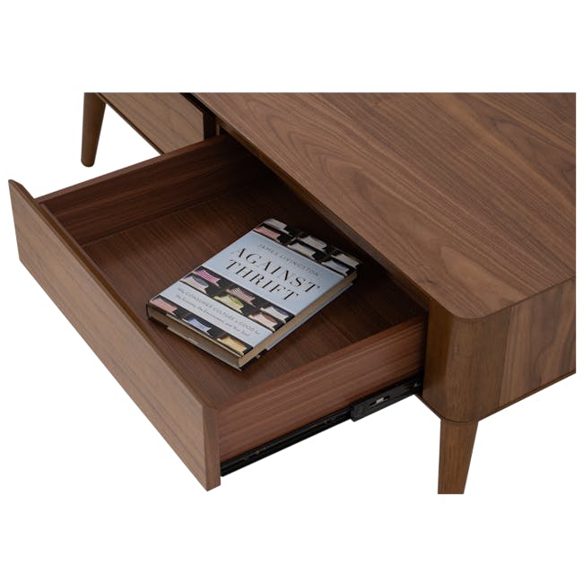 Dimitri Coffee Table - 8 - Wooden furniture, open drawer, book on shelf, book titled "Against Thrift, " minimalist design