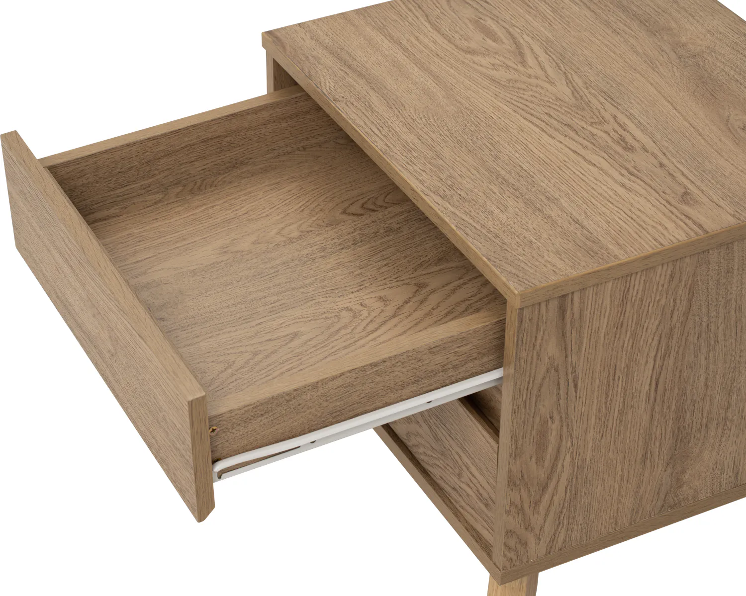 Herschel Bedside Table - Natural - 9 - Wooden desk drawer, minimalist design, natural wood finish, open drawer, side table