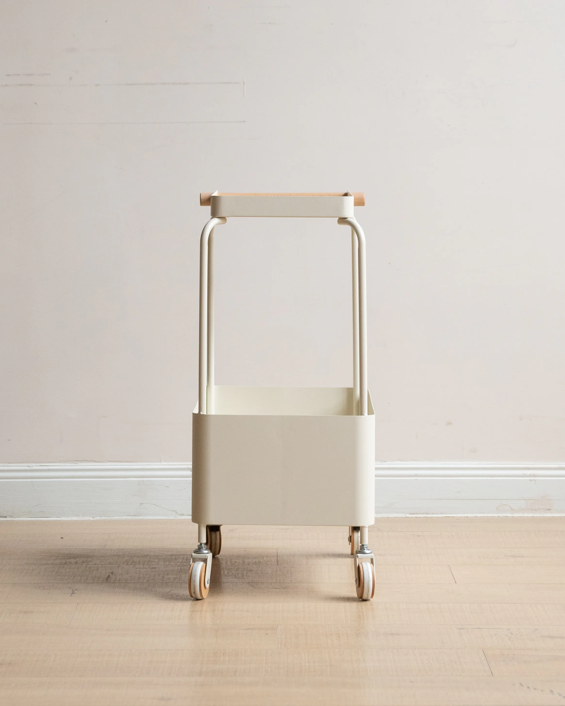 Matthias Trolley - White - 9 - Minimalist cart with wooden handles, white frame, rolling wheels, light wooden floor, modern