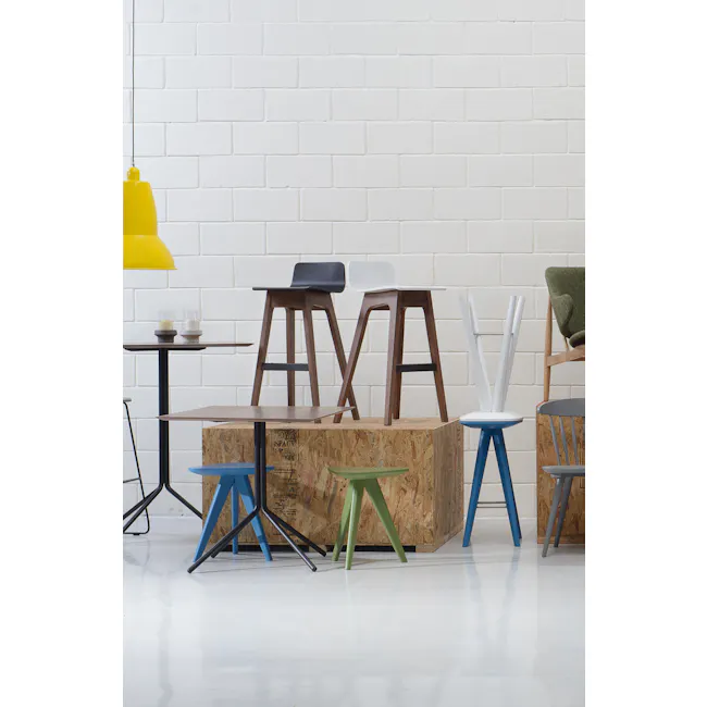 Ava Low Back Bar Chair - Walnut - 3 - Modern minimalist furniture, white brick wall, wooden pallet, colorful stools, black