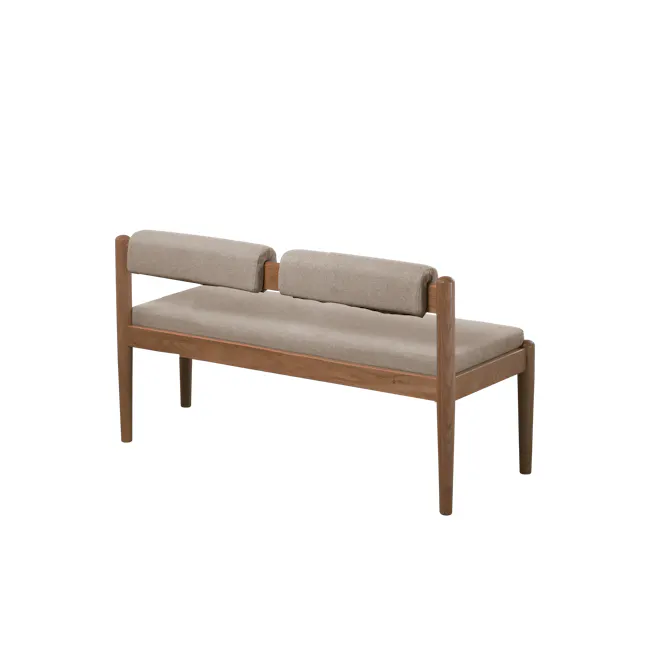 Niel Bench 1.45m - Walnut, Chestnut - 6 - Wooden bench with beige cushions, minimalist design, modern aesthetic, natural