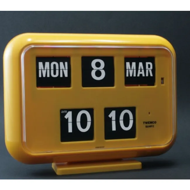 TWEMCO Big Calendar Flip Wall Clock - Yellow - 3 - Yellow digital clock, Mon 8 Mar, AM time display, 10:10 format, TWEMCO
