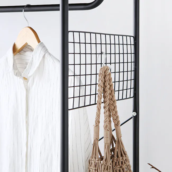 Sophie Open Wardrobe with 2 Shelves - Walnut - 9 - White striped shirt, wooden hanger, black metal rack, beige braided bag