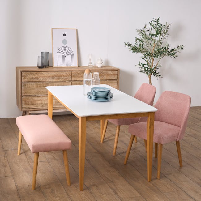 Miranda Chair - Natural, Peach Pink - 3 - Modern dining room, minimalist furniture, wooden dining table, pink upholstered