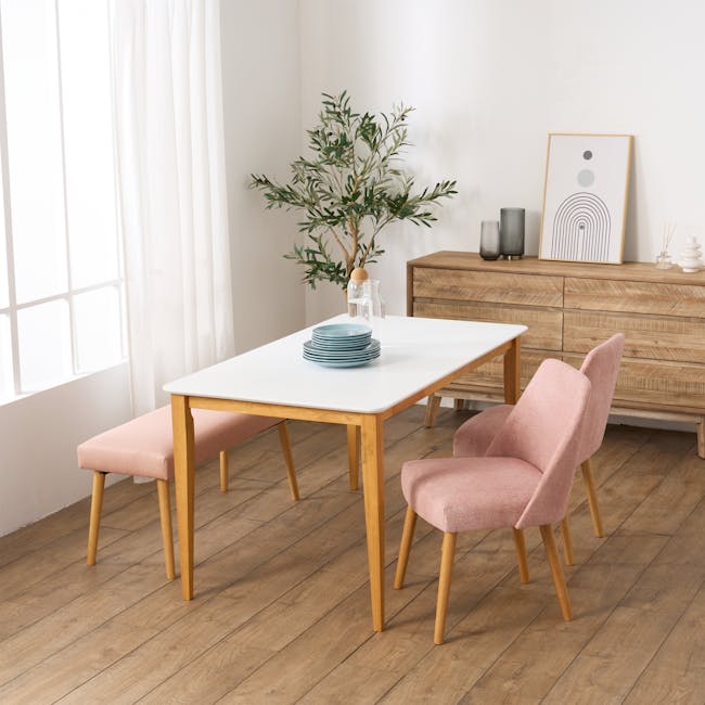 Miranda Chair - Natural, Peach Pink - 2 - Modern dining room, minimalist design, wooden furniture, light pink chairs, white